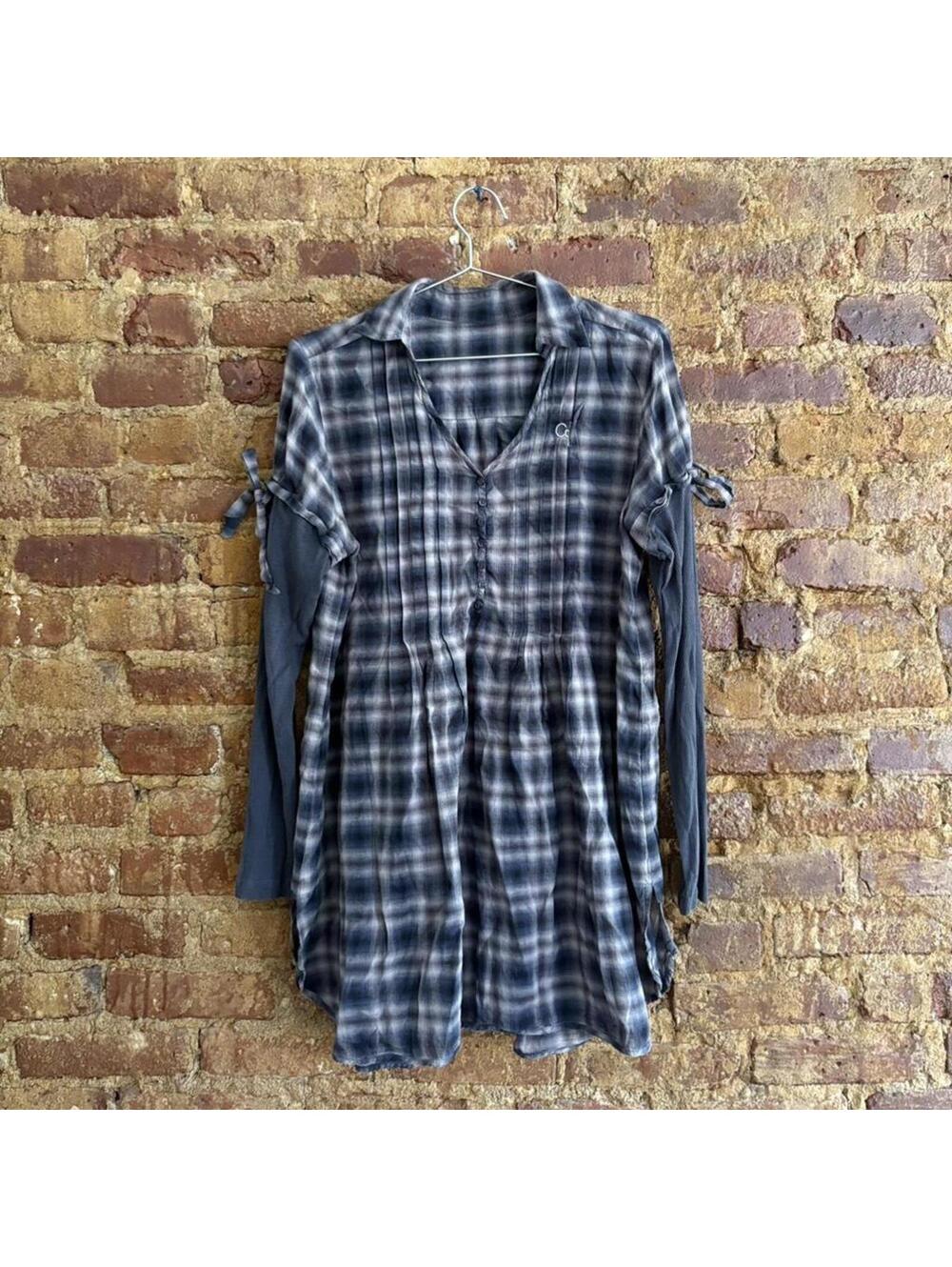 Cop.Copine Plaid Mixed-Media Shirt Dress